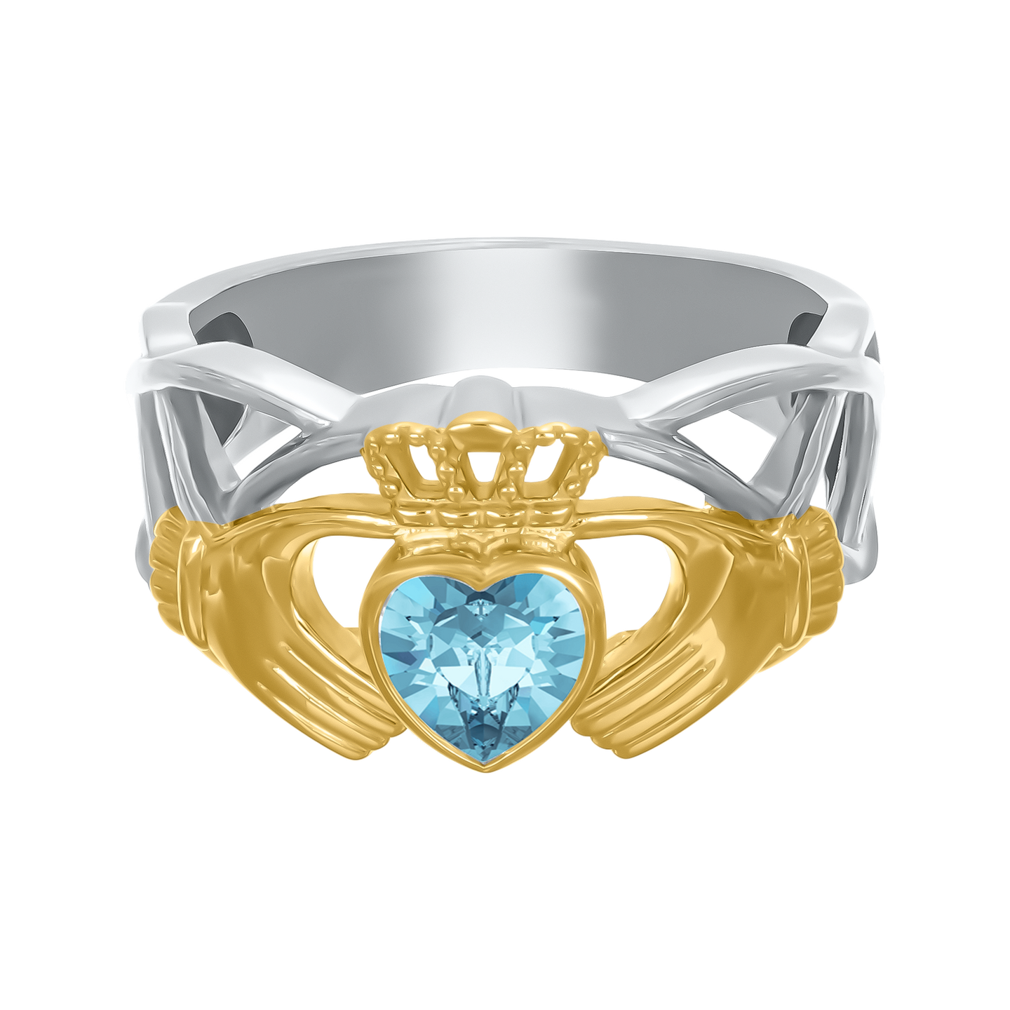 Celtic Crystal Claddagh Ring - Aquamarine Blue