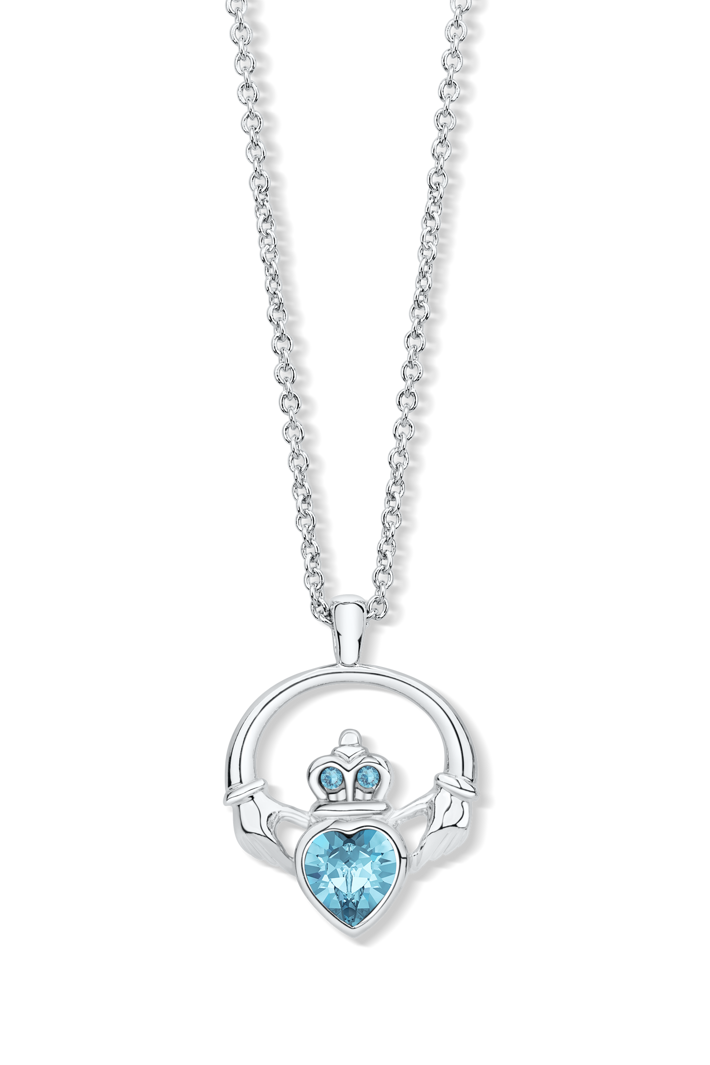 Claddagh Ring Pendant set with Aquamarine Blue Crystal